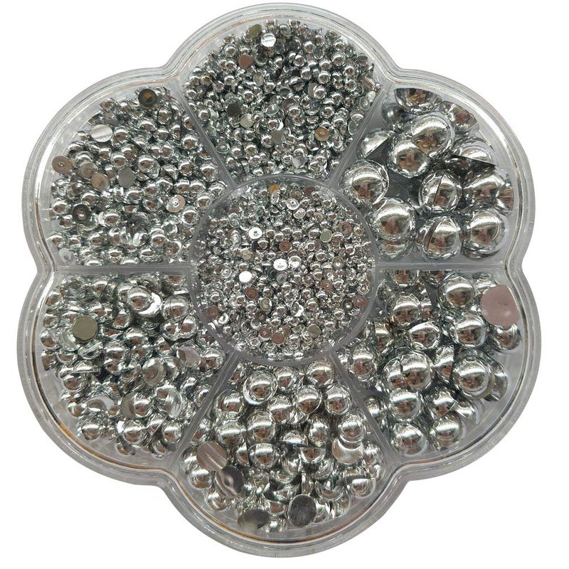 Chenkou Craft 3000PCS 7 Sizes (2.5/3/4/5/6/8/10mm) 1 Box Silver Round Flatback Imitation Half Pearls Bead Loose Beads Gem (Silver Half Ball) - Image 1